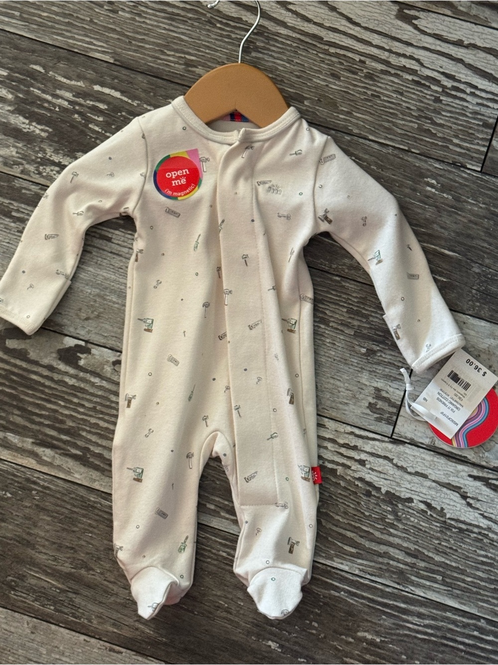 Magnetic Me FIX IT FRIENDS Cream Footed Baby One-Piece with Tiny Tool Print